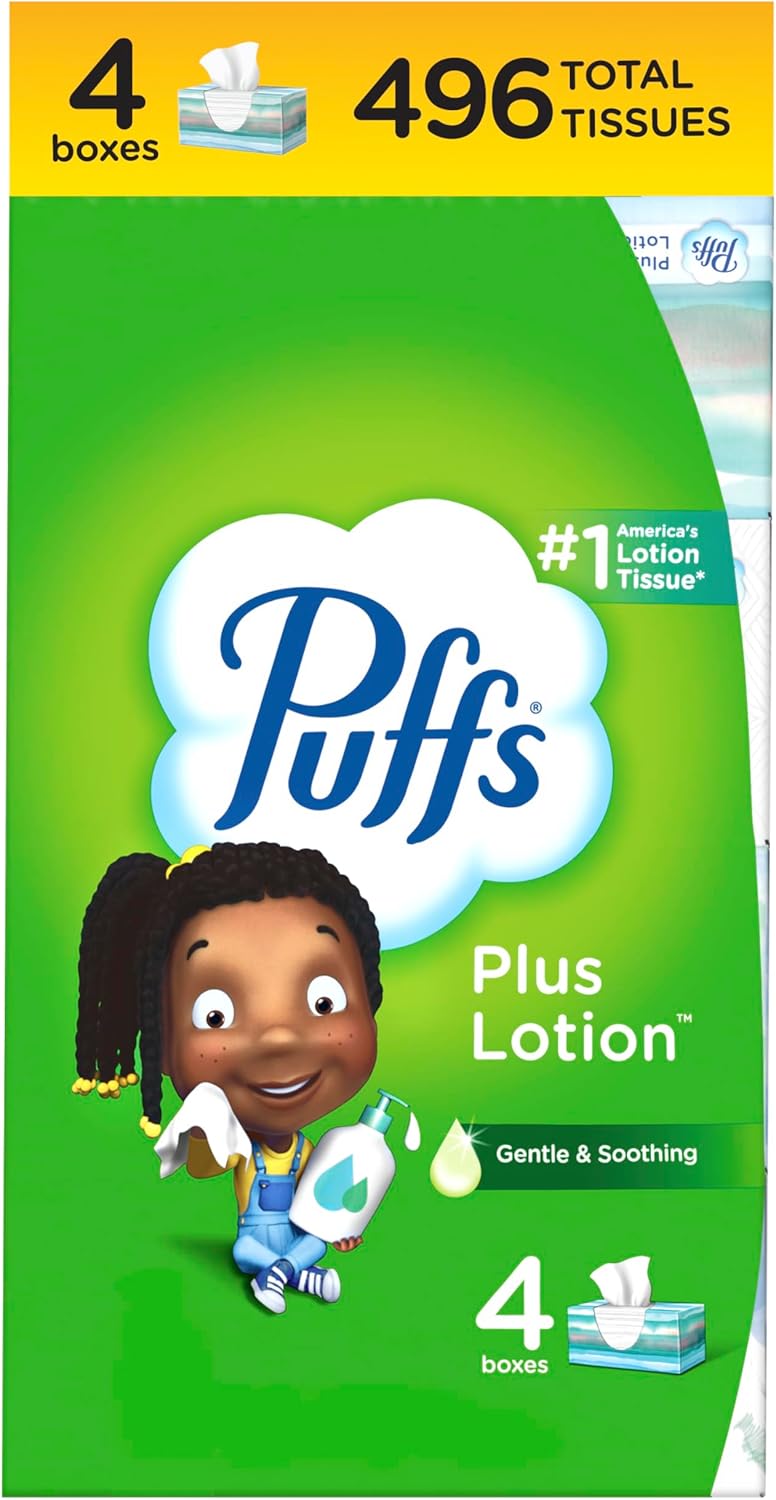 Puffs Plus Lotion Facial Tissues, 4 Family Boxes, 124 tissues per box - Image 1